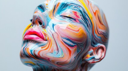 close up of a face covered in colorful swirls of paint