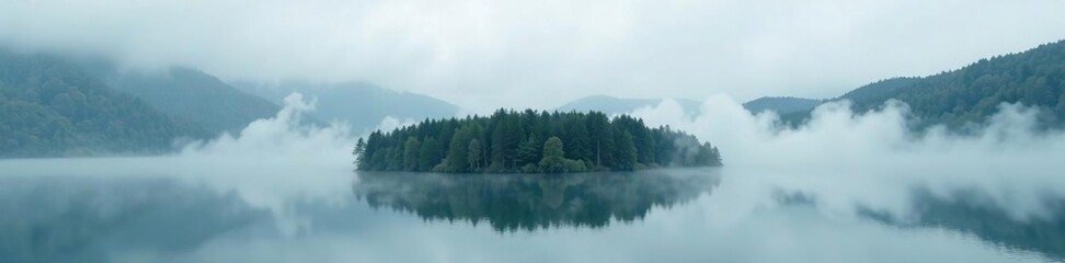 Fototapeta premium Dense fog wraps around a forested lake peninsula, serene landscape, natural scenery, overcast sky