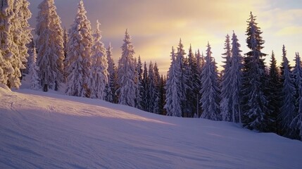 Obraz premium A serene winter landscape featuring snow-covered trees and a soft sunset, creating a tranquil and picturesque scene.