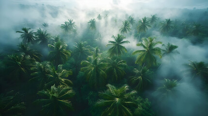 Obraz premium Aerial View of Foggy Tropical Palm Forest - Photo