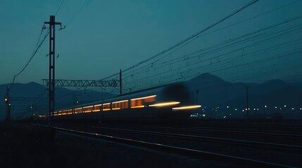 A high-speed train moving quickly at night, with glowing streetlights and the faint silhouette of mountains in the distance