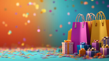 Colorful shopping bags and gifts with confetti. Concept of sale, shopping, celebration.