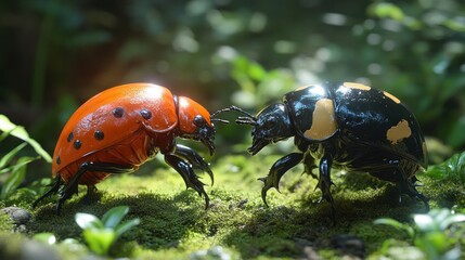 Obraz premium Two beetles facing each other on moss.