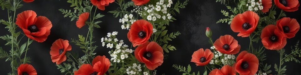 Obraz premium elegant bouquet of red poppies and white Spiraea on a dark, velvety black background with subtle texture, black background, red poppies