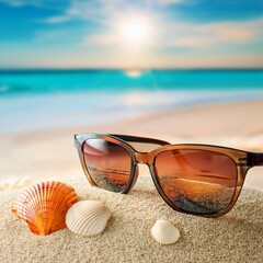 A photo sunglass on a sandy beach with seashells