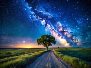 Naklejka premium Nebraska Night Photography: Starry Skies, Prairie Landscapes, Rural Roads, Dark Skies, Night Scenes, Celestial Wonders, Galactic Views, Astrophotography, Nighttime Nebraska, Nebraska Nightscapes, 