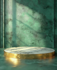 Marble and Gold Pedestal Display. Green Background. Product Presentation.