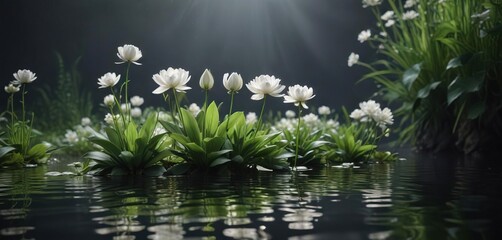 Naklejka premium floating aquatic plant with delicate white blooms, floating flowers, water lily