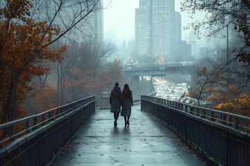 a young woman in a long coat walks hand-in-hand with her lover on a quiet bridge, The bridge spans over a river that connects the tranquil forest. A foggy morning scene below city road