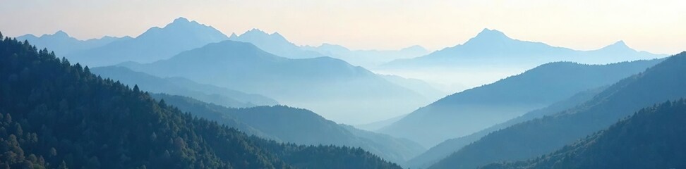 Fototapeta premium Foggy mountain landscape with low hanging clouds, mountains, fog, serene