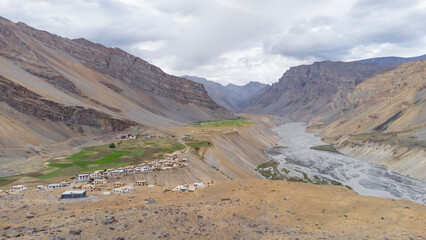 Aerial view of Himalayan mountain at batal with chenab river in lahaul, gramphu-batal-kaza road himachal pradesh, India.