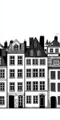 Fototapeta premium A monochrome illustration of a row of traditional houses featuring unique architectural styles and detailed windows.