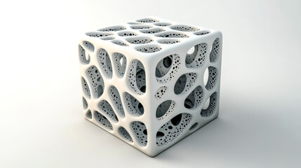 White cube with curved edges and impossible perspectives showing intricate organic pattern