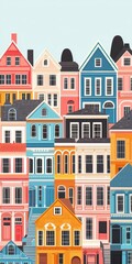Fototapeta premium A colorful illustration of stacked houses, showcasing various architectural styles and vibrant hues against a light background.