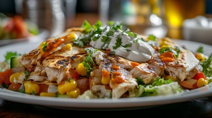 Quesadilla with chicken, cheese, and vegetables on a plate with sour cream