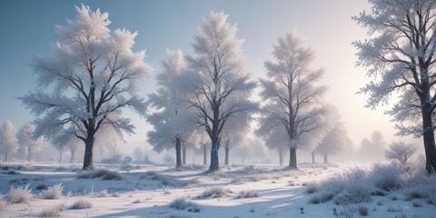 Frost-covered landscape with silver-tinted trees, frozen, autumn