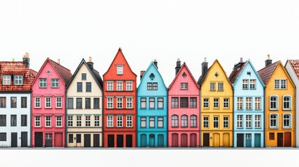 Fototapeta premium A vibrant row of colorful, historic houses with distinct architectural styles, showcasing charming facades and pitched roofs.
