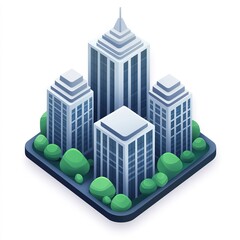 Cityscape with three tall buildings and a green park in the middle