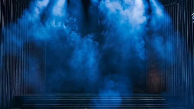 An empty theater stage bathed in intense blue lights and atmospheric smoke, setting a mysterious and dramatic mood. An evocative setting for performances in a dark, empty theater.