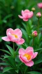 Obraz premium Soft pink peonies sway gently among lush green foliage, yellow peony, garden blooms, nature photography