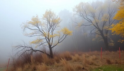 Obraz premium Fog in nature, cities and villages with misty forest landscape