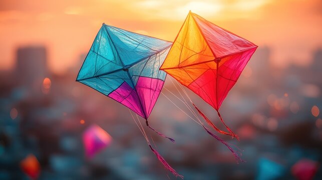 Two colorful diamond-shaped kites flying high in the sunset sky over a city.