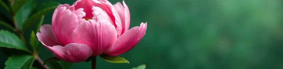 Obraz premium Large pink peony flower against a backdrop of green leaves and stems, floral, botanical, stem