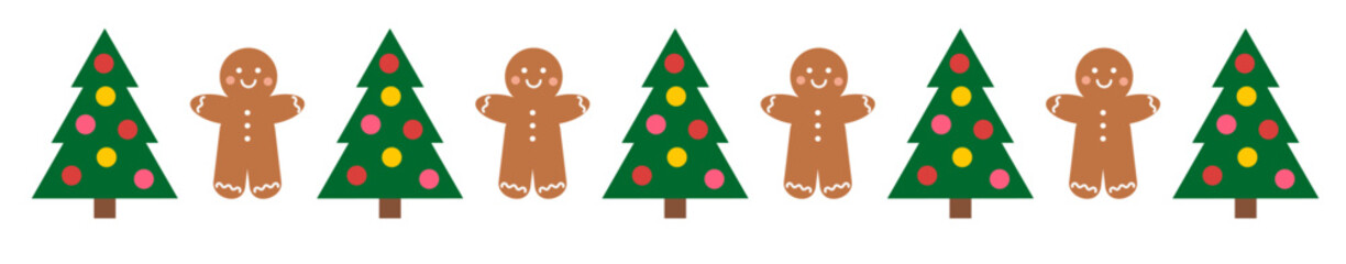 Christmas trees and gingerbread man cookies Christmas pattern border. Vector illustration.