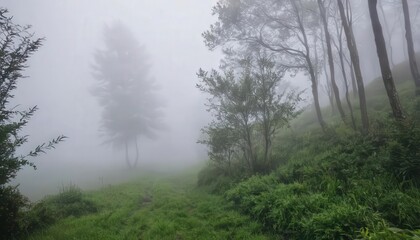 Fog in nature, cities and villages with misty forest landscape