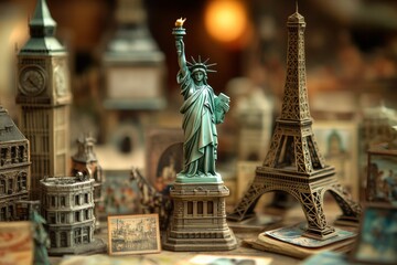 miniature famous landmarks on table
