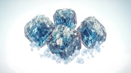 Fototapeta premium Four translucent blue ice cubes with frost on white background.