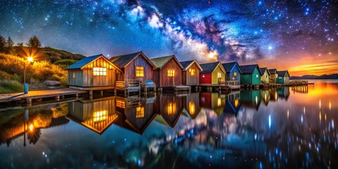 Obraz premium Night Fishing Hut Photography: Illuminated Lakeside Cabins, Serene Waterscapes, Starry Nights, Coastal Fishing Huts, Night Fishing Scene