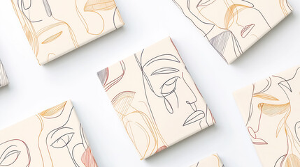 Wrapping paper featuring minimalist line drawings of faces and plants