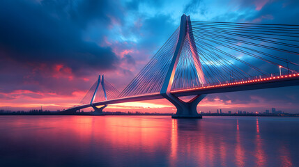 Fototapeta premium A stunning photography capturing an ultramodern bridge with sweeping lines, steel cables, and dynamic lighting, spanning over a tranquil river at sunset.