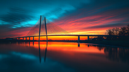 Obraz premium A stunning photography capturing an ultramodern bridge with sweeping lines, steel cables, and dynamic lighting, spanning over a tranquil river at sunset.