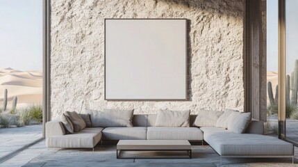  A chic living room with a blank poster on a stone-textured wall, a light gray sectional sofa, and a minimalist coffee table. 
