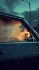 Smoke filling car interior through open window at sunset