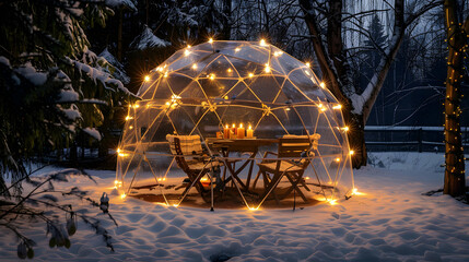 Igloo Tent with Vintage Lantern Lights Amid Snowy Wilderness

