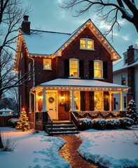 Charming winter holiday scene: snow-covered house decorated with festive lights at dusk