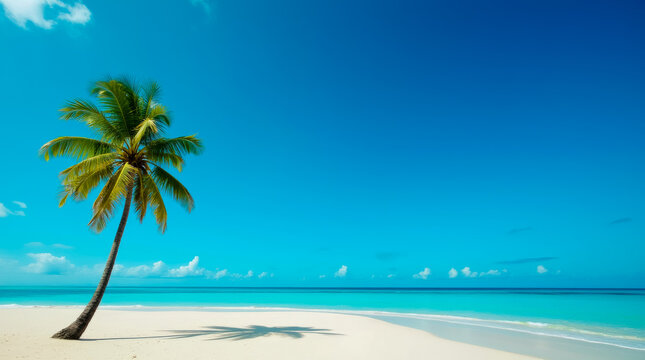 A palm tree is standing on a beach with a clear blue sky - Powered by Adobe