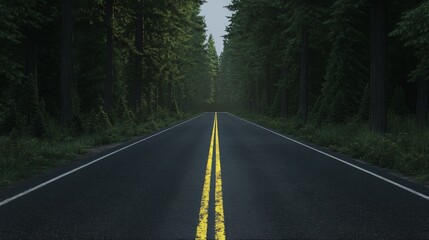 Fototapeta premium A forest road with a yellow line in the middle, symbolizing a journey.