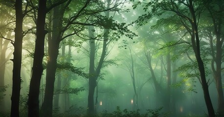 Fototapeta premium Misty forest atmosphere with an abstract bokeh blur effect on a green tree, green tree, landscape photography
