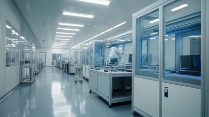 Robotic arm working in a modern laboratory with glassware and electronic components