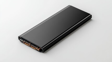 Sleek black power bank with dual usb ports on minimalist white background