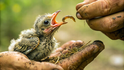 Fototapeta premium A small bird with fluffy plumage eagerly reaches for a worm offered by a human hand.Interaction takes place in a natural environment, both the hand and the bird show signs of the soil and nature. AI 