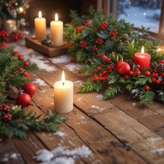 A wooden table with a snow-covered surface and Christmas decorations like holly, candles, and evergreen branches , festive, holly, candles