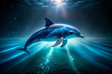 Fototapeta premium Night Ocean Dolphin: Is a Dolphin a Fish? Marine Mammal vs. Fish, Night Photography, Underwater Wildlife
