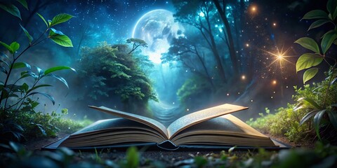 Obraz premium Night Nature Journal Photography: Dark Forest, Starry Sky, Moonlit Landscape, Wildlife Reflections