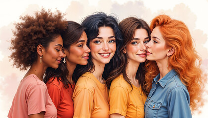 Obraz premium Diverse group of smiling women with different hairstyles and outfits showcasing unity and friendship 