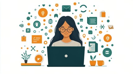 Woman working on laptop in a creative and organized workspace with digital icons